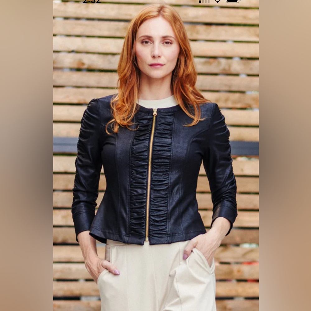 LIQUID LEATHER™ RUCHED DETAIL JACKET - BLACK
